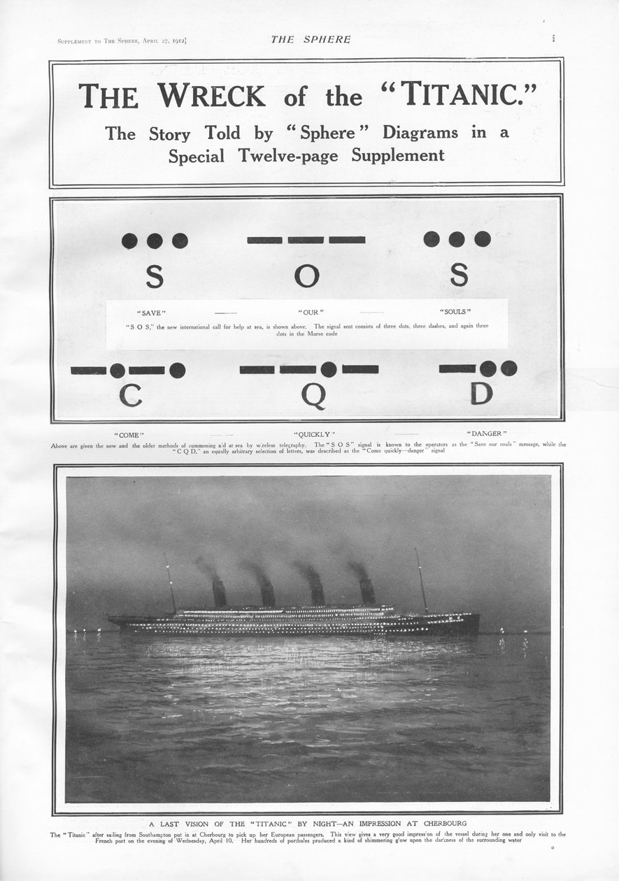 Morsekodesignaler og illustration af dampskibet, der lagde til ved Cherbourg om natten, fra The Sphere, 27. april 1912 af English School