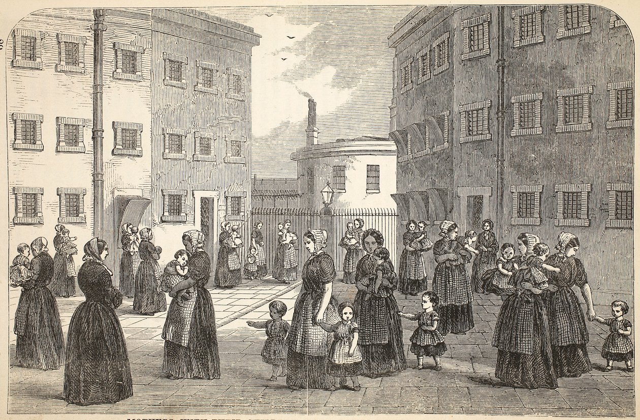 Mødre, med deres børn, træner i Tothill Fields Prison, illustration fra The Criminal Prisons of London og Scenes from Prison Life af Henry Mayhew og John Binny, pub. 1862 af English School