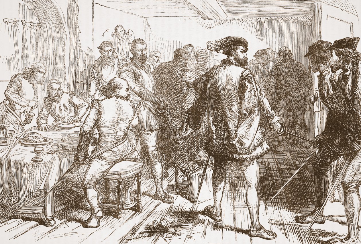Mouchares-band angriber protestanterne på herberget i Faubourg St. Germain, illustration fra The History of Protestantism af James Aitken Wylie (1808-1890), pub. 1878 af English School