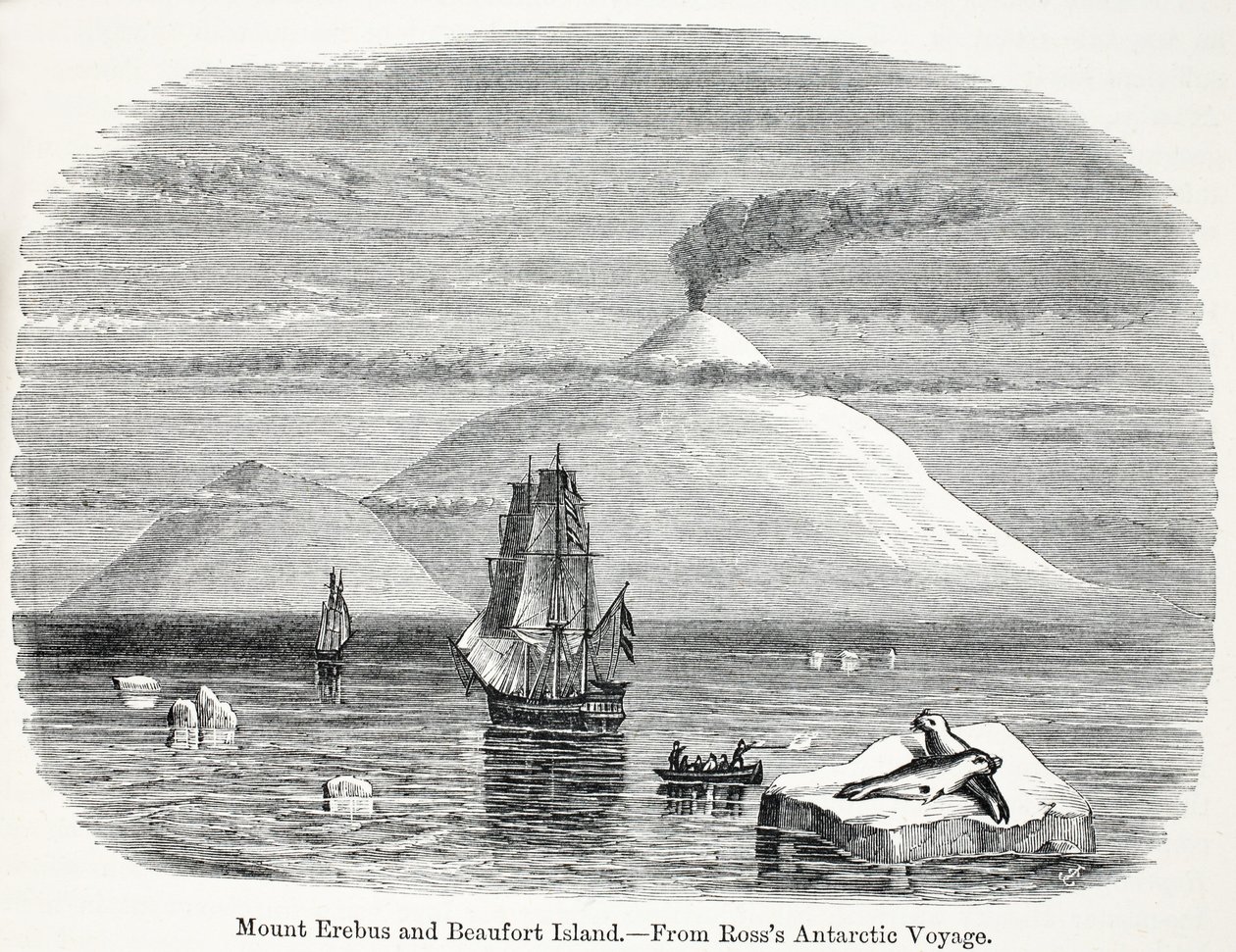 Mount Erebus og Beaufort Island fra Rosss Antarctic Voyage af English School
