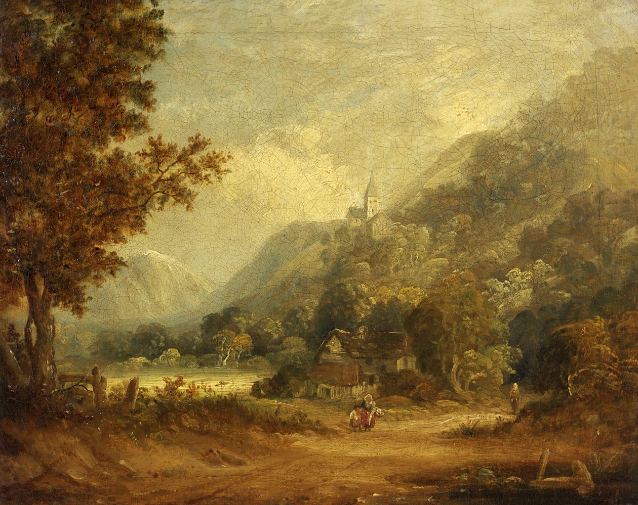 Bjergscene med kirke og gård (olie på lærred) af English School