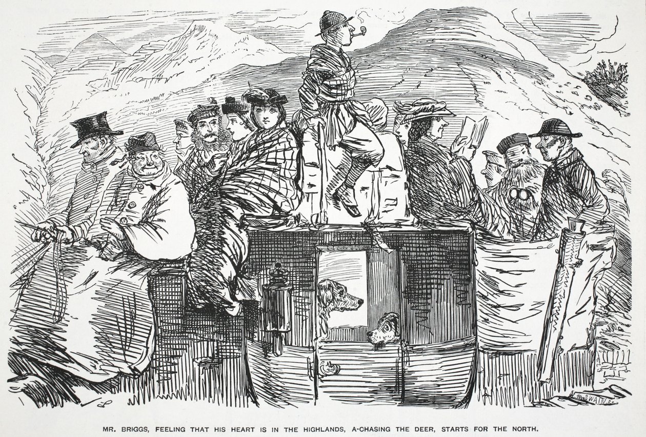 Mr. Briggs, der føler, at hans hjerte er i højlandet, på jagt efter hjorten, starter mod nord, illustration fra Punch af English School