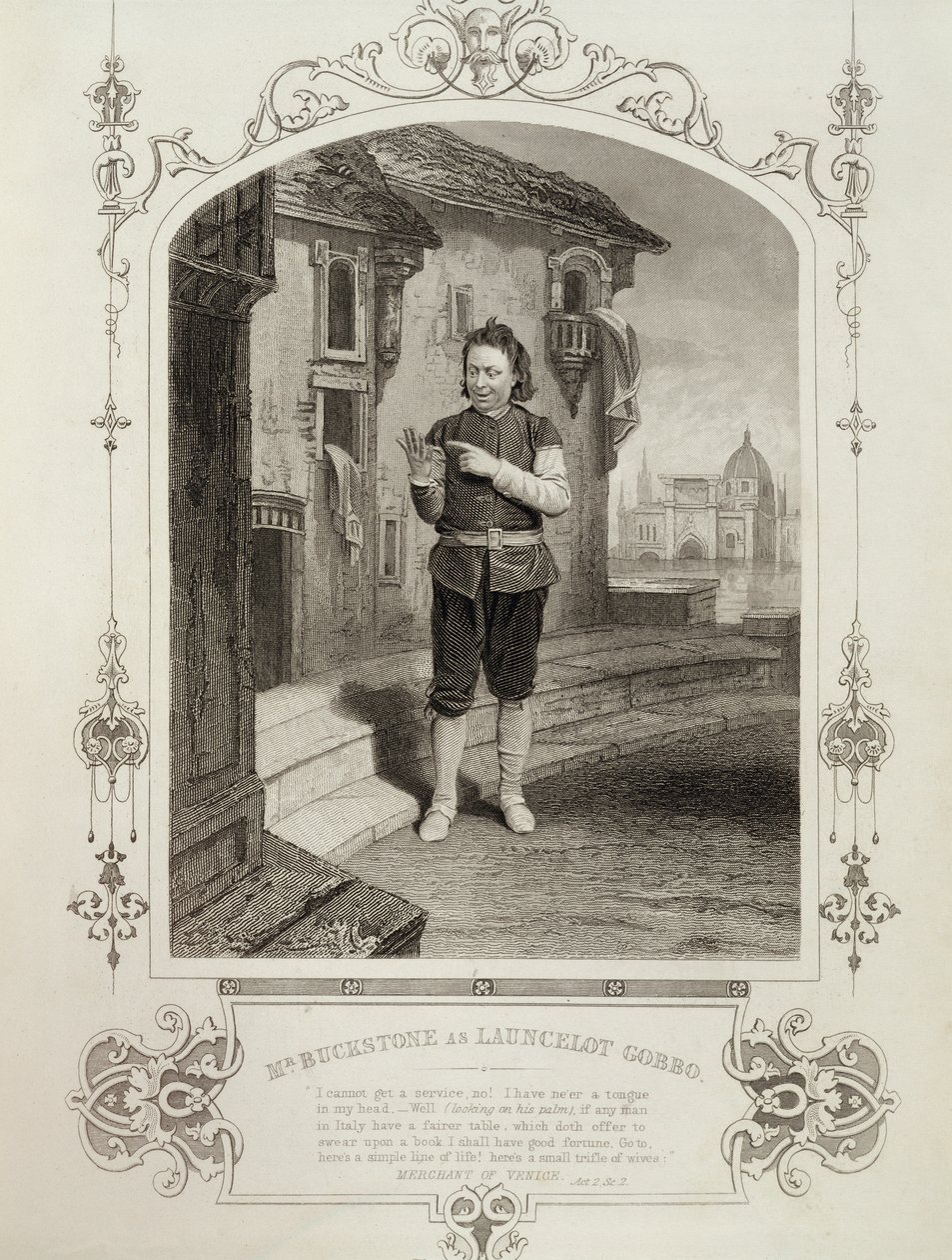 Mr Buckstone som Lancelot Gobbo, anden akt, scene 2, i The Merchant of Venice af William Shakespeare (1564-1616) af English School
