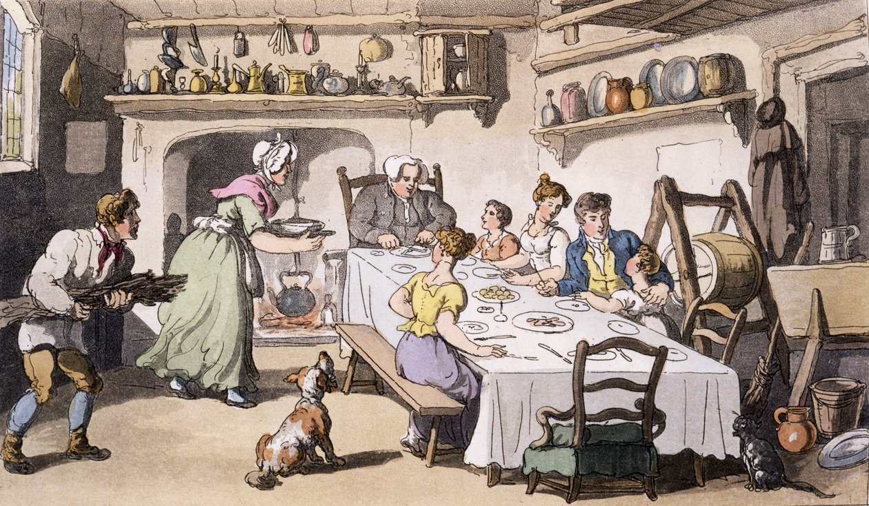 Mr Burchells første besøg, pub. Ackermanns Repository of Arts, London, 1817 (håndkoloreret gravering) af English School
