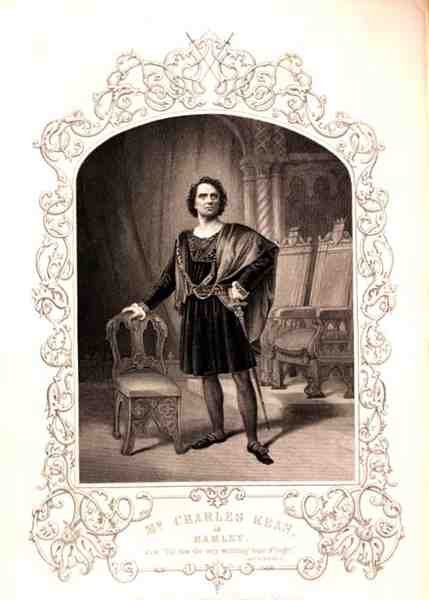 Mr. Charles Kean som Hamlet, Act III Scene 2, i stykket af William Shakespeare (1564-1616) fra en daguerreotypi af Paine of Islington (gravering) af English School