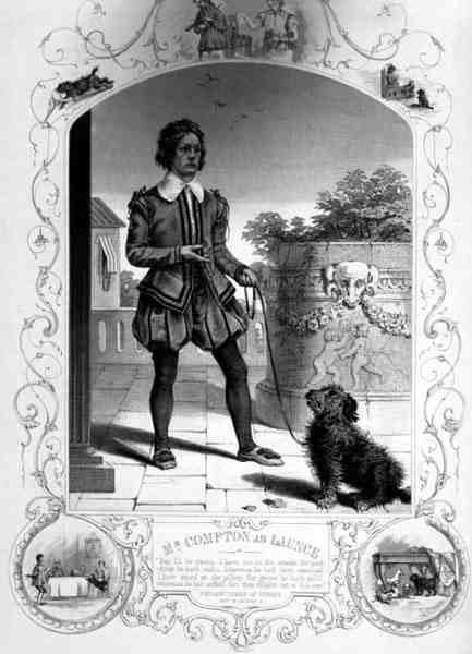 Mr Compton som Lance, akt IV Scene II, i Two Gentlemen of Verona, af William Shakespeare (1564-1616) (gravering) af English School