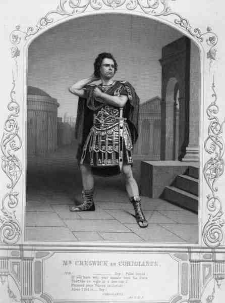 Mr Creswick som Coriolanus, Akt V Scene 5, i stykket af William Shakespeare (1564-1616) (gravering) af English School