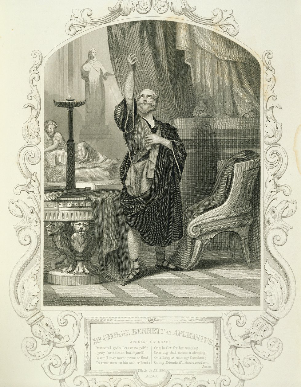 Mr. George Bennett som Apemantus, Act I Scene 2, i Timon of Athens af William Shakespeare (1564-1616) af English School