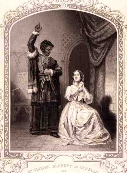 Mrs George Bennett som Othello og Mrs Jane Bennett som Desdemona, akt IV Scene 2, i Othello af William Shakespeare (1564-1616) (gravering) af English School