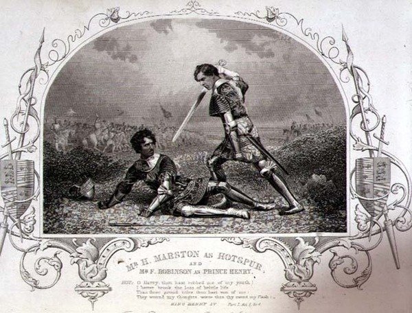 Mr. H. Marston som Hotspur og Mr. F. Robinson som Prince Henry, Act V Scene 4 fra Henry IV (Del I) fra en daguerrotypi af Paine of Islington, pub. af John Tallis & Co. (litho) af English School