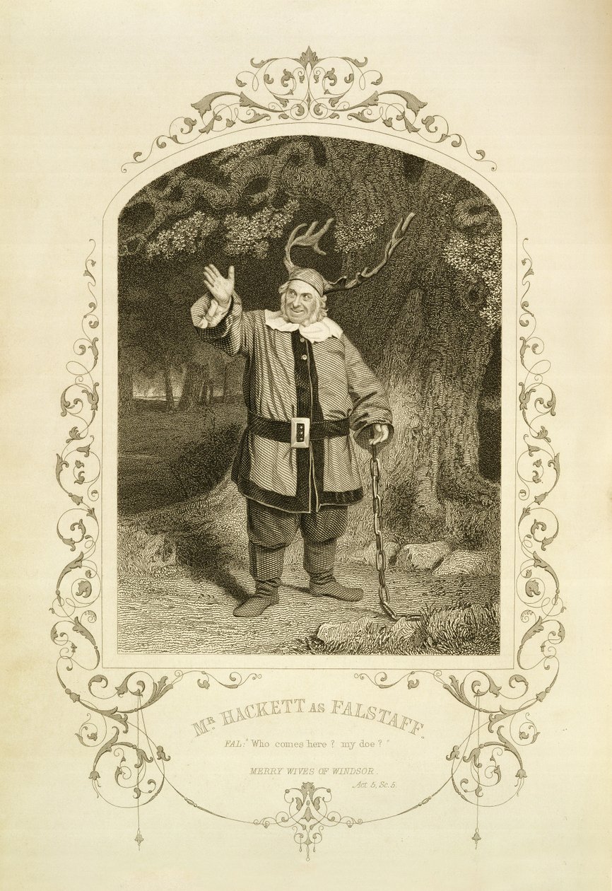 Mr. Hackett som Falstaff, Akt V Scene 5, i The Merry Wives of Windsor af William Shakespeare (1564-1616) indgraveret af George Hollis (1792-1842) fra en daguerreotypi af J.P. Mayall (1810-1901) (gravering) af English School