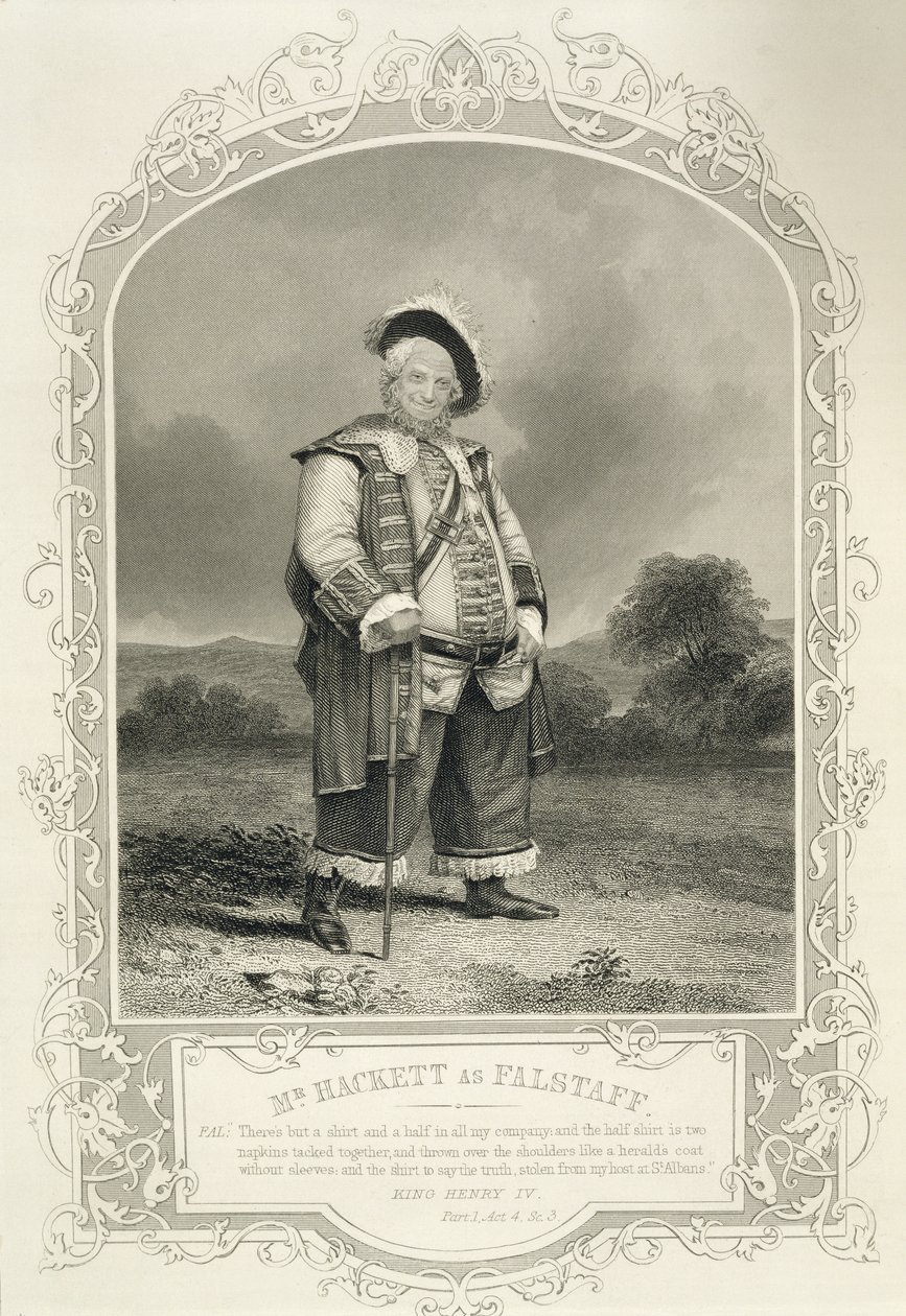 Mr Hackett som Falstaff, i Henry IV (Del 1) Act IV Scene 3, af William Shakespeare (1564-1616) af English School