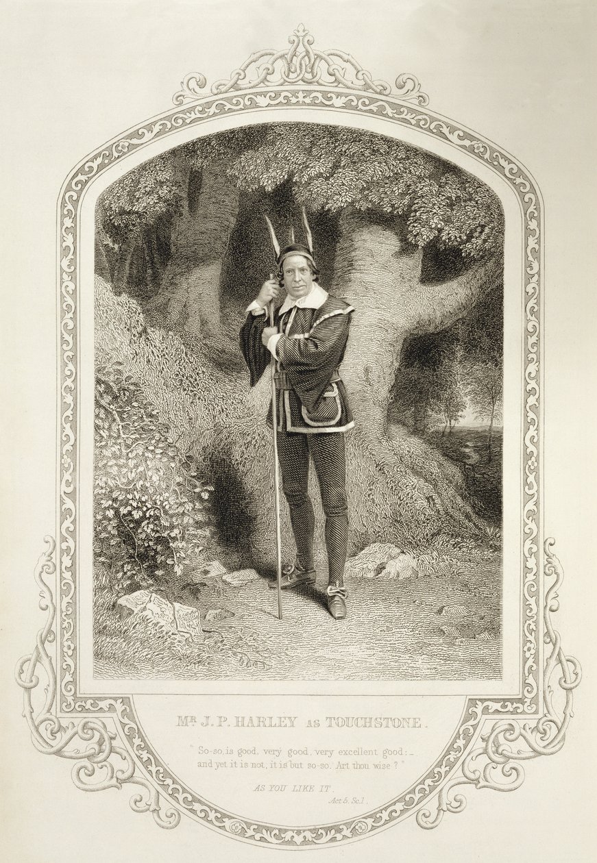 Mr J.P. Harley som Touchstone, Act V Scene 1, i As You Like it af William Shakespeare (1564-1616) indgraveret af George Hollis (1792-1842) fra en daguerreotypi af J.P. Mayall (1810-1901) af English School