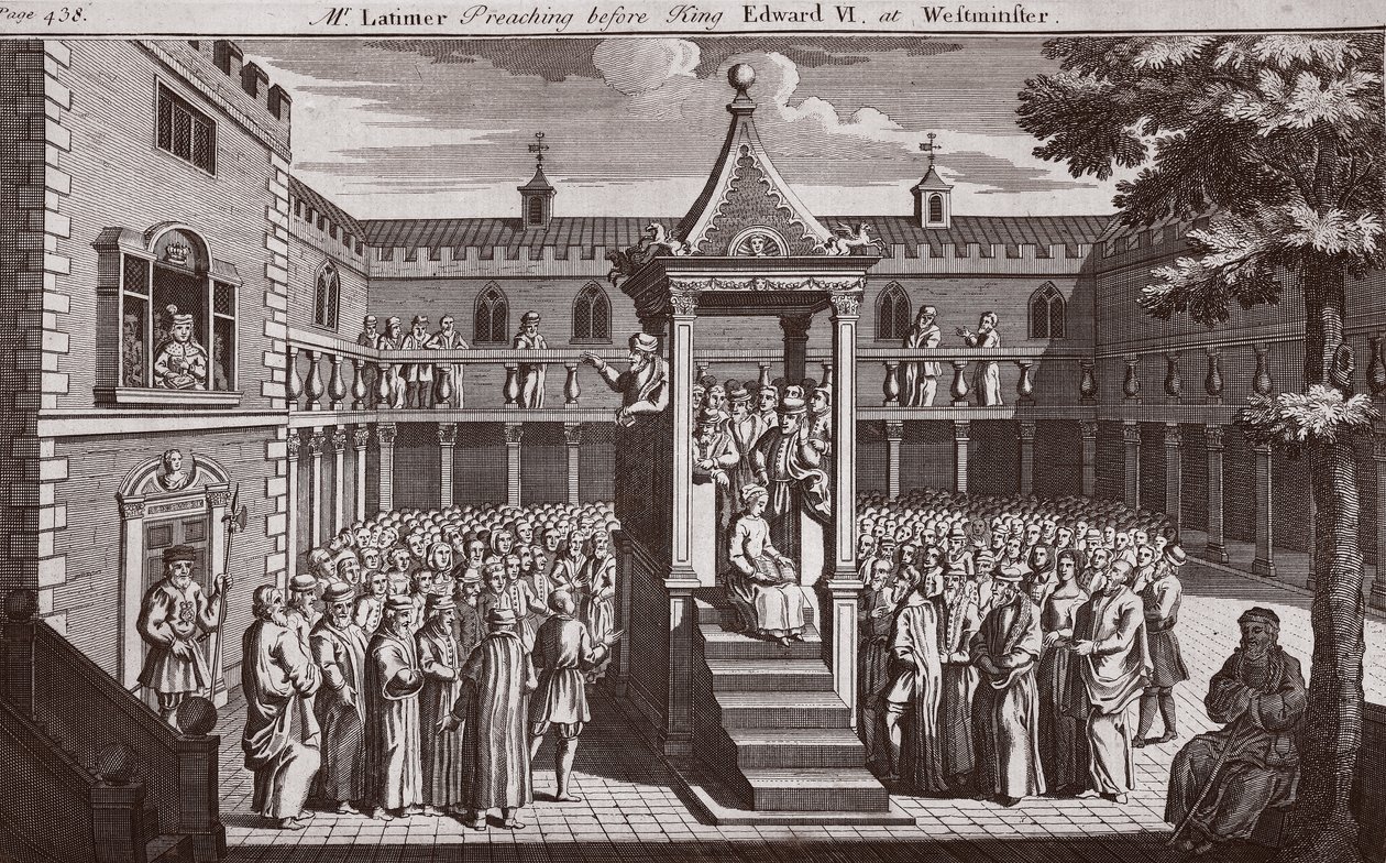 Latimer prædiker for kong Edward VI i Westminster, illustration fra Foxes Martyrs c.1703 af English School