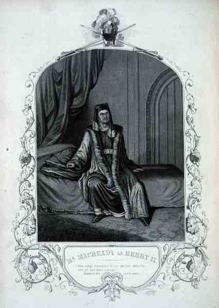 Mr Macready som Henry IV, Act III Scene 1, i Henry IV af William Shakespeare (1564-1616) (gravering) af English School