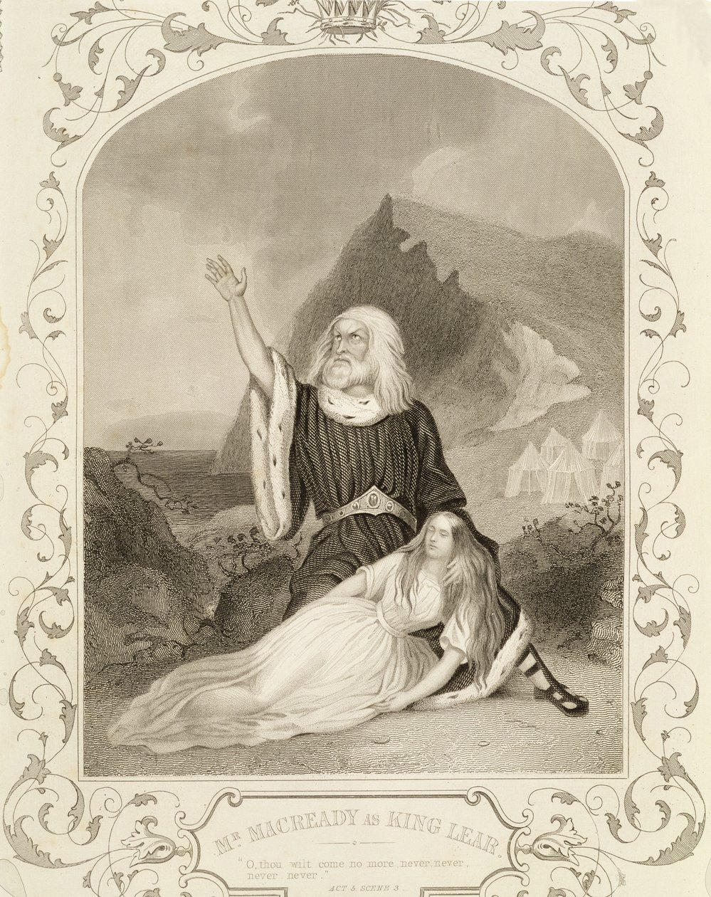 Mr Macready som King Lear, Act V Scene 3, i stykket af William Shakespeare (1564-1616) af English School