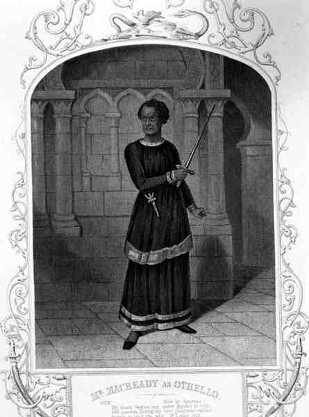 Mr Macready som Othello, akt II, scene 3, i stykket af William Shakespeare (1564-1616) (gravering) af English School