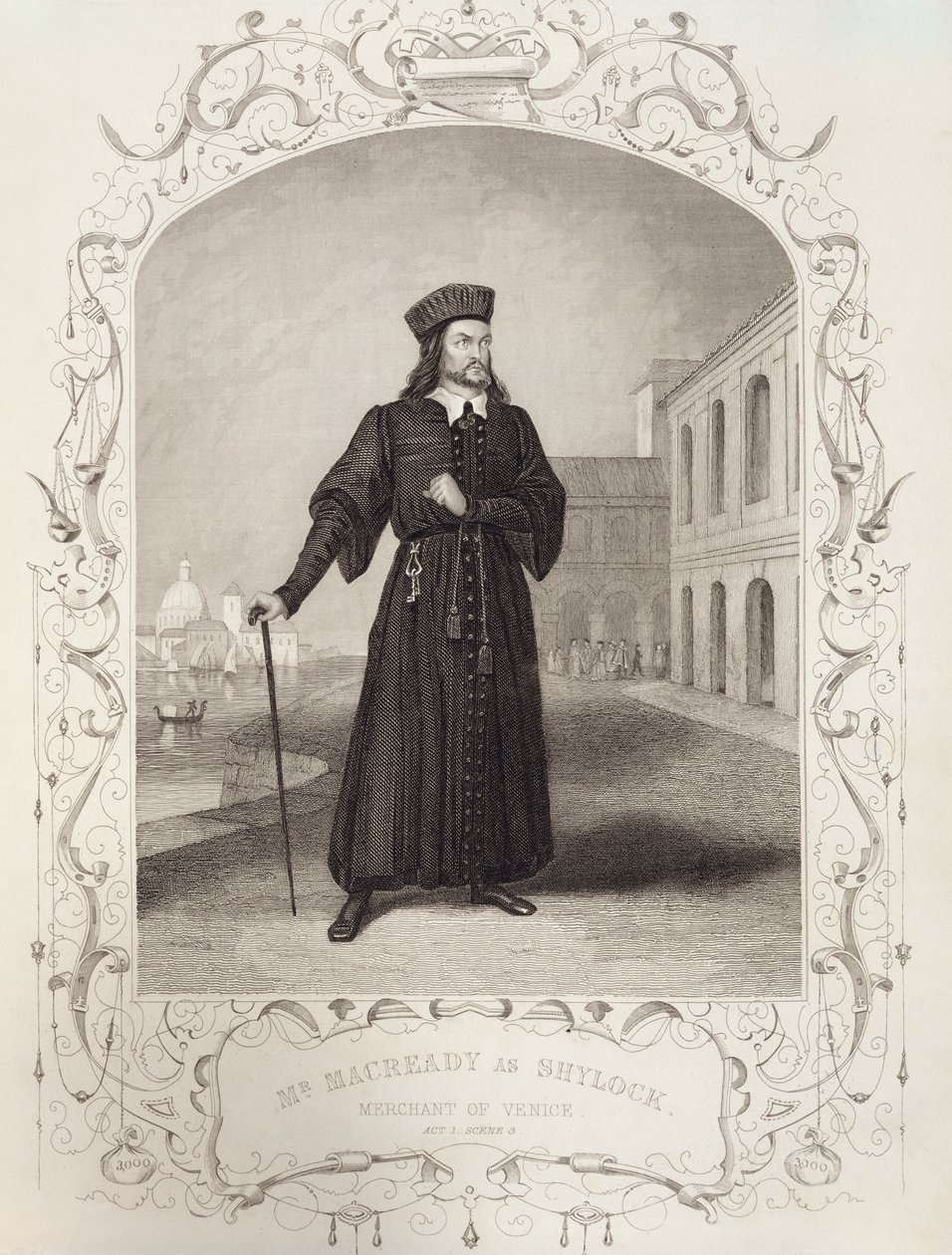Mr Macready som Shylock, første akt, scene 3, i The Merchant of Venice af William Shakespeare (1564-1616) af English School