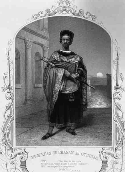 Mr McKean Buchanan som Othello, Act I Scene 2, i stykket af William Shakespeare (1564-1616) (gravering) af English School
