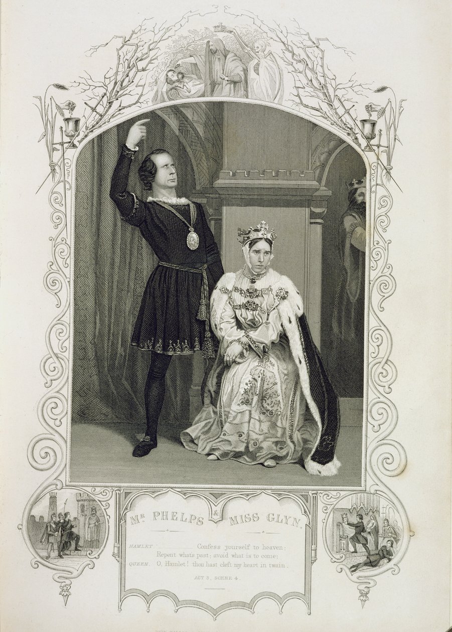 Mr Phelps som Hamlet og Miss Glyn som Dronning Gertrude, akt III Scene 4, i Hamlet af William Shakespeare (1564-1616) af English School