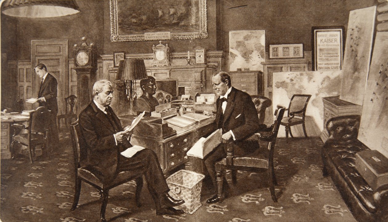 Mr. Winston Churchill på sit værelse på Admiralitetet, i samråd med admiral af flåden Lord Fisher af Kilverstone, fra The Illustrated London News, 19. december 1914 (fotogravure) af English School