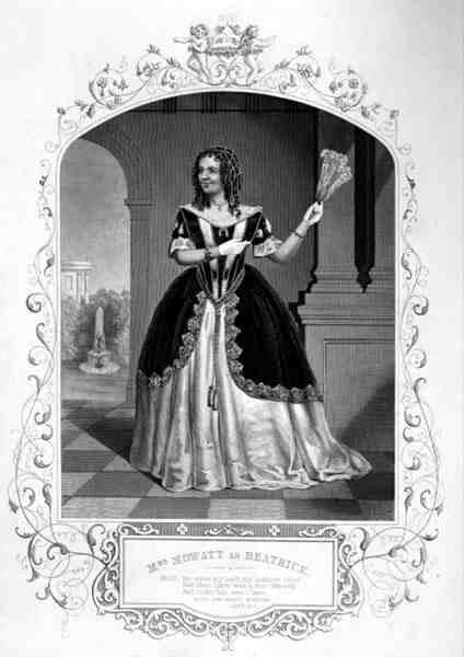 Mrs Mowatt som Beatrice, akt II Scene 1, i Much Ado About Nothing, af William Shakespeare (1564-1616) fra en daguerreotypi af Paine of Islington (gravering) af English School
