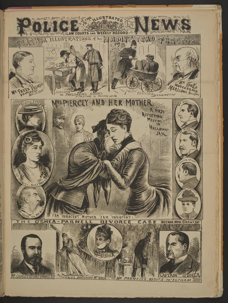 "Fru Piercey og hendes mor. Et meget kærligt møde i Holloway-fængslet. Jeg er uskyldig, mor. Jeg er uskyldig", Illustrated Police News, 22. november 1890 (avispapir) af English School