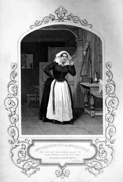 Mrs Winstanley som Mrs Quickly, 2. akt, scene 2, i The Merry Wives of Windsor af William Shakespeare (1564-1616), graveret af George Hollis (1792-1842) efter et daguerreotypi af J.P. Mayall (1810-1901 (gravering) af English School