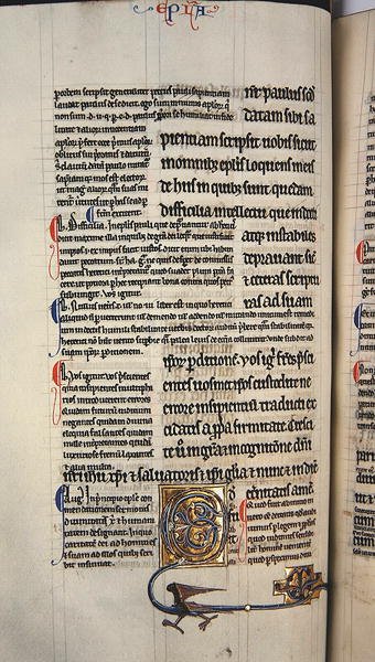 Ms.27, f.117v: Side fra en glosset kopi af Det Nye Testamente (vellum) af English School