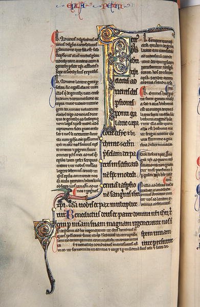Ms.27, f.97v: Side fra en glosset kopi af Det Nye Testamente (vellum) af English School