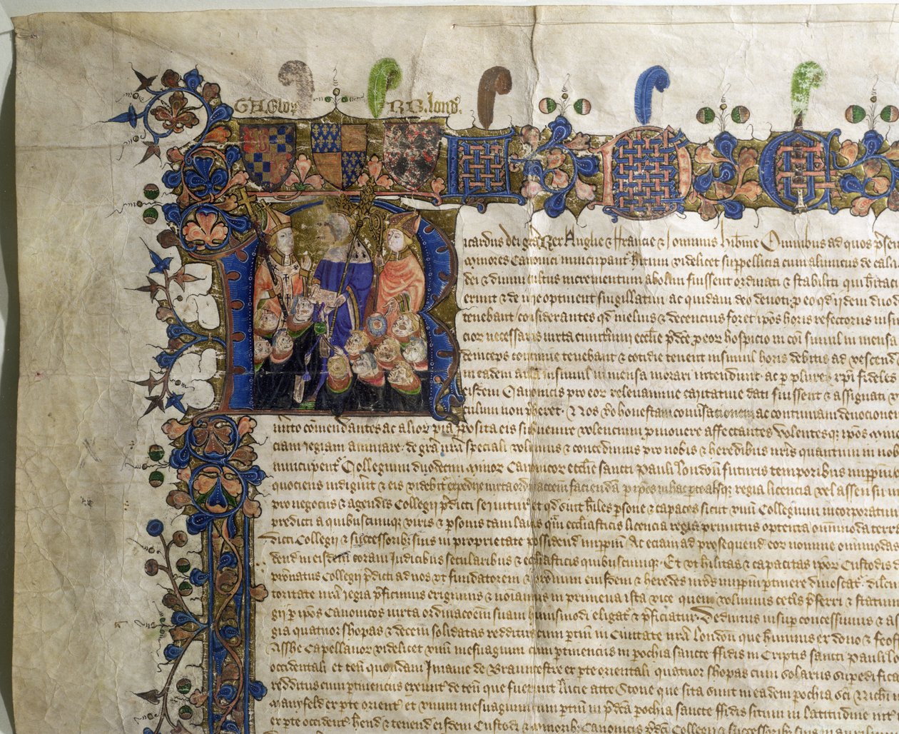 Ms.29410 Historikert initial R, der viser mindre kanoner af St. Pauls Cathedral, detaljer fra Royal Charter of Incorporation af English School