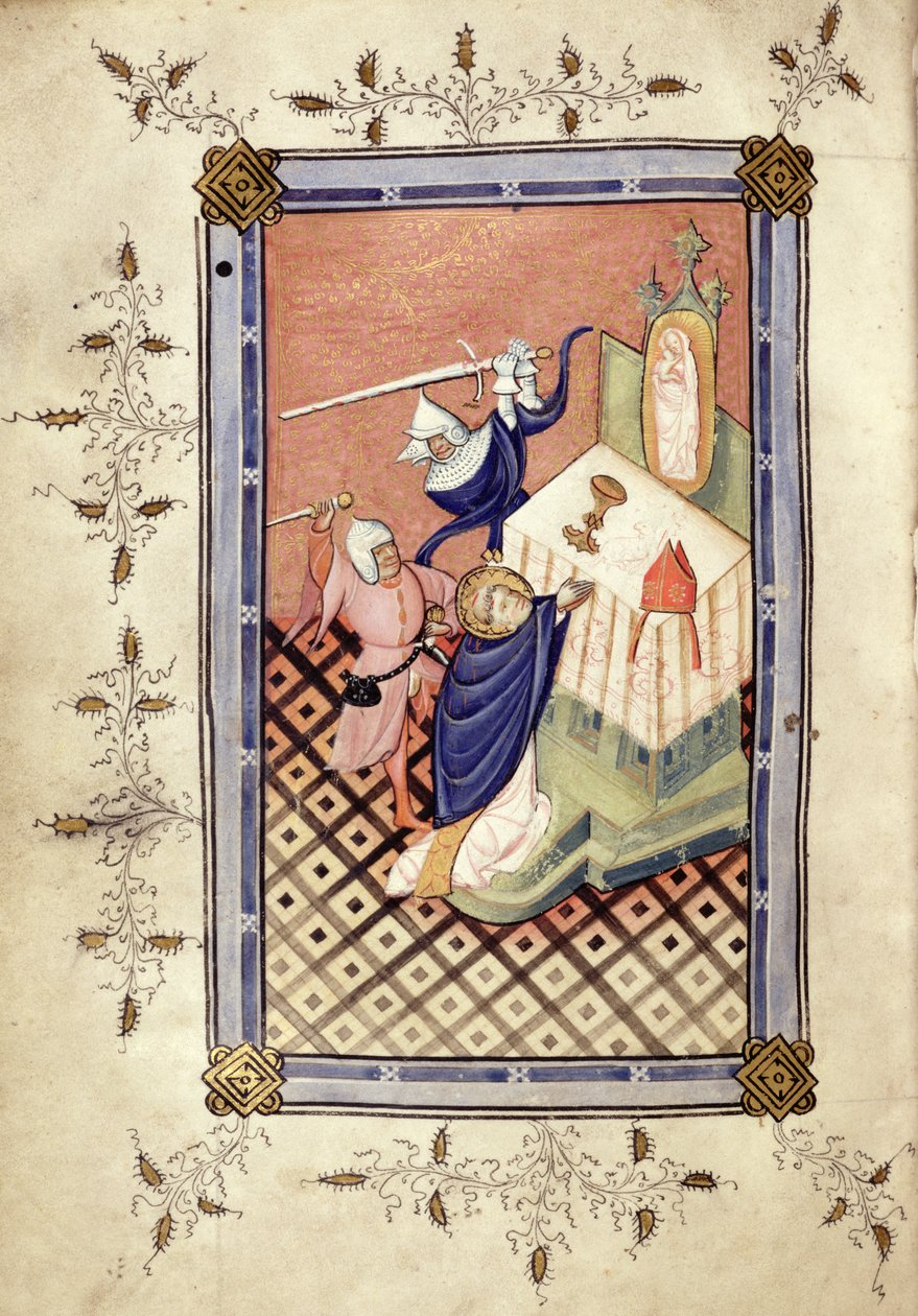 Ms.49 f.18v St. Thomas af Canterbury (ca. 1118-70) bliver angrebet af to riddere, Horae, ca. 1420-30 af English School