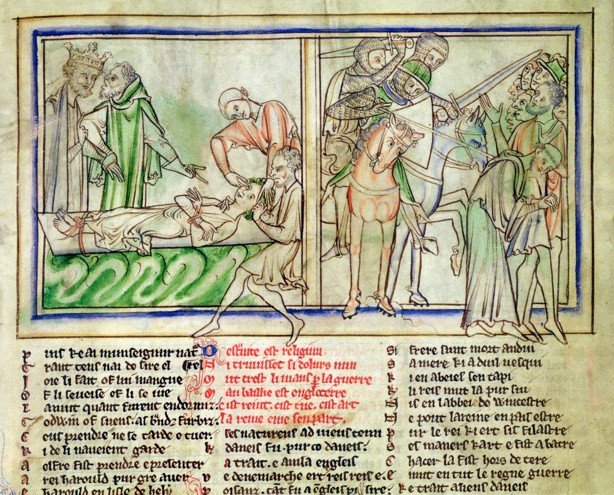 Ms.Ee.3.59 fol.6r Harald Harefoot fører tilsyn med torturen af Alured og undertrykkelsen af folket i England, fra St. Edward Confesors