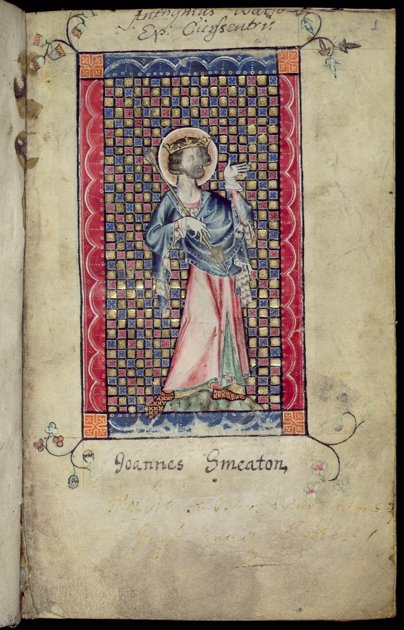 Ms 1-2005, f.1r: St. Edmund, miniature fra Macclesfield Psalter, Use of Sarum, East Anglia, ca. 1330 af English School