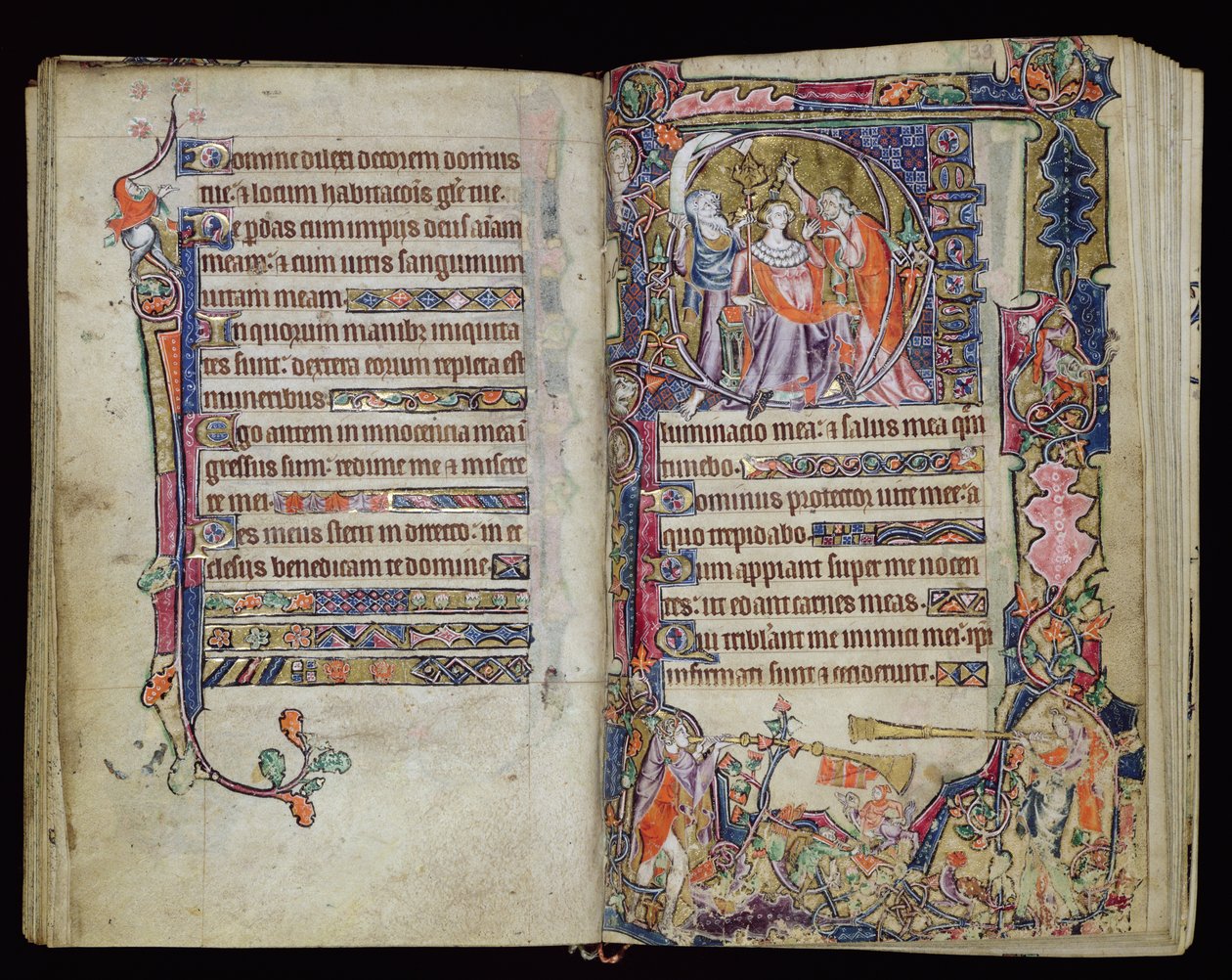 Ms 1-2005, ff.38v-39r: The Anointing of David, historik D initial fra Macclesfield Psalter, Use of Sarum, East Anglia, ca. 1330 af English School