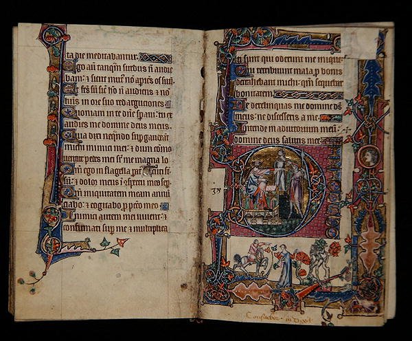 Ms 1-2005, ff.57v-58r: Saul sender Doeg for at dræbe præsterne i Nob, historisk initial fra Macclesfield Psalter, Use of Sarum, East Anglia, ca. 1330 (vellum) af English School