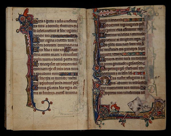 Ms 1-2005, ff.67v-68r: En kæmpe skøjte skræmmer en mand, grænsedekoration fra Macclesfield Psalter, Use of Sarum, East Anglia, ca. 1330 (vellum) af English School