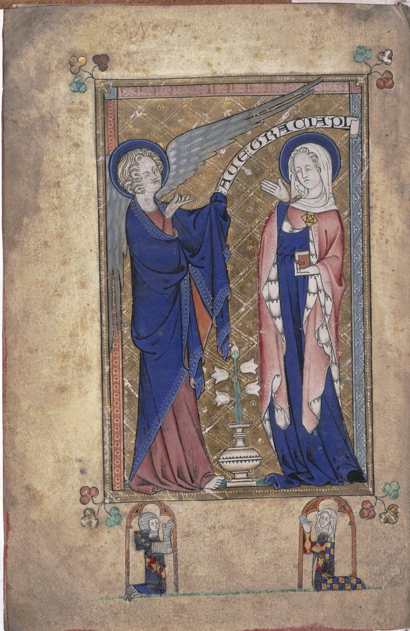Ms 242 Folio 2v, Bebudelse til Jomfruen, fra Grey-Fitzpayne Hours af English School