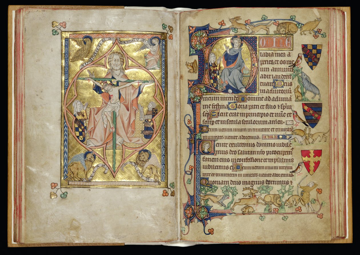 Ms 242 ff.28v-29r Treenigheden og barmhjertighedens trone i en historisk initial D, fra Packham-Clifford Hours, Use of Sarum, c.1314-31 (bladguld & tempera på pergament) af English School