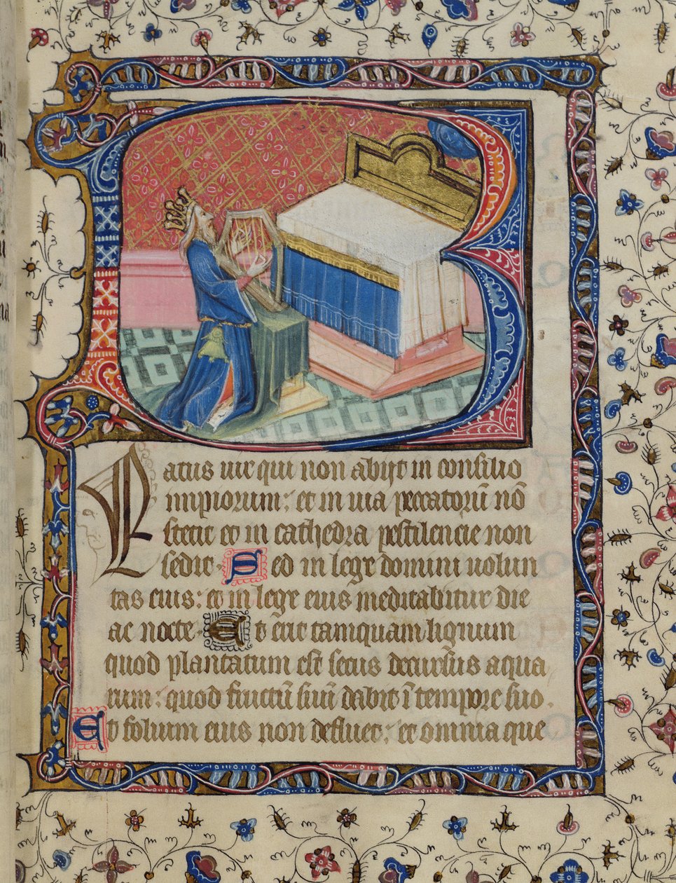 Ms 24 f.13 r. Salme 1, David Harping, fra Knightley Psalter, ca. 1380 af English School