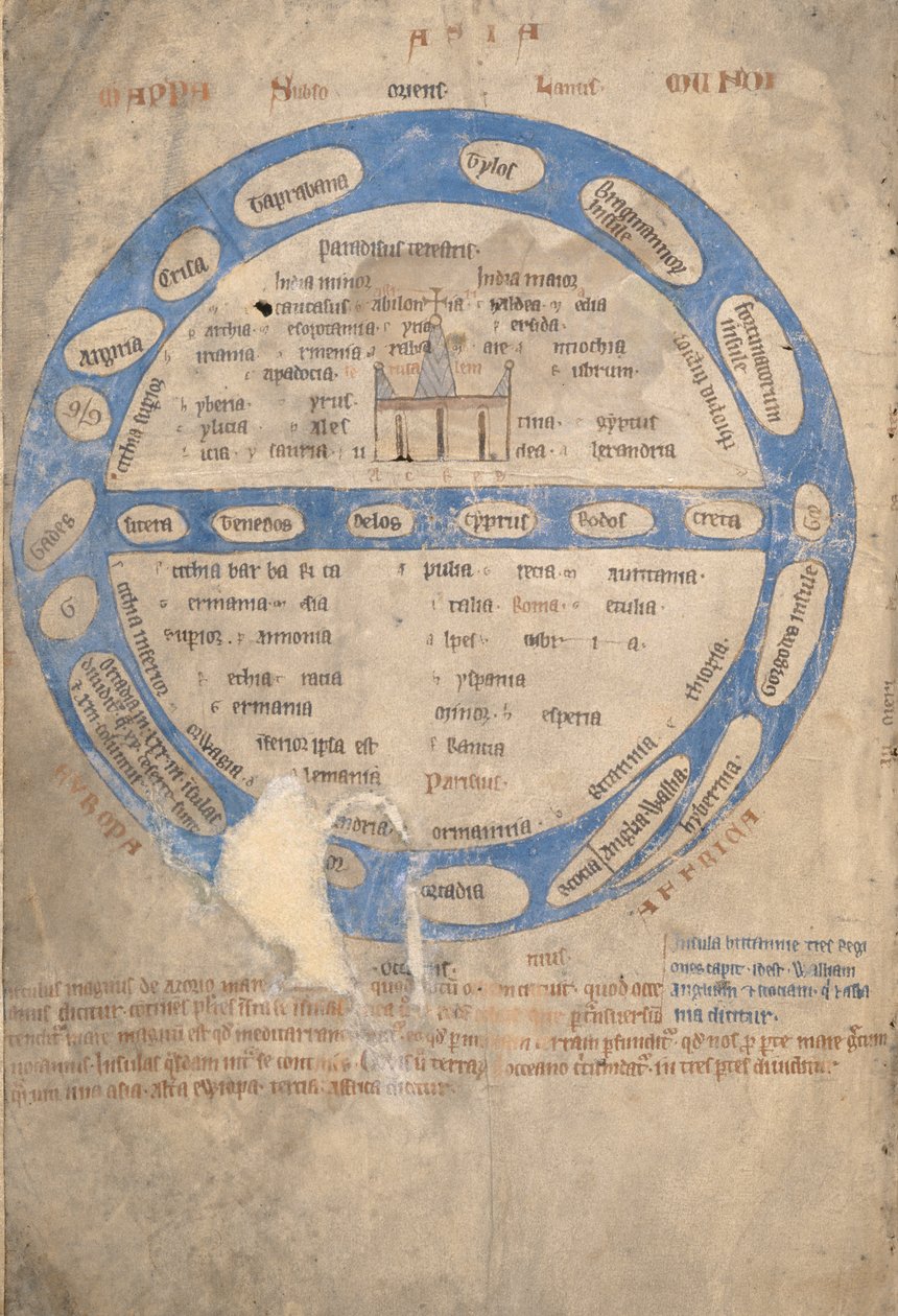 Ms 254, f.1v: Mappa Mundi, fra et Bestiary, ca. 1200-30 af English School