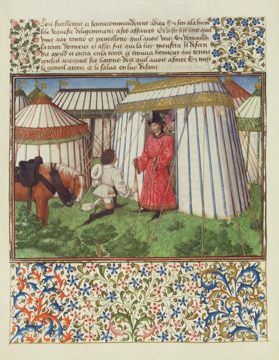 Ms. 2597 Desire knæler foran Honor og beder om hjælp fra Heart, faksimileudgave af Livre du Coeur dAmours Espris af Rene dAnjou af English School
