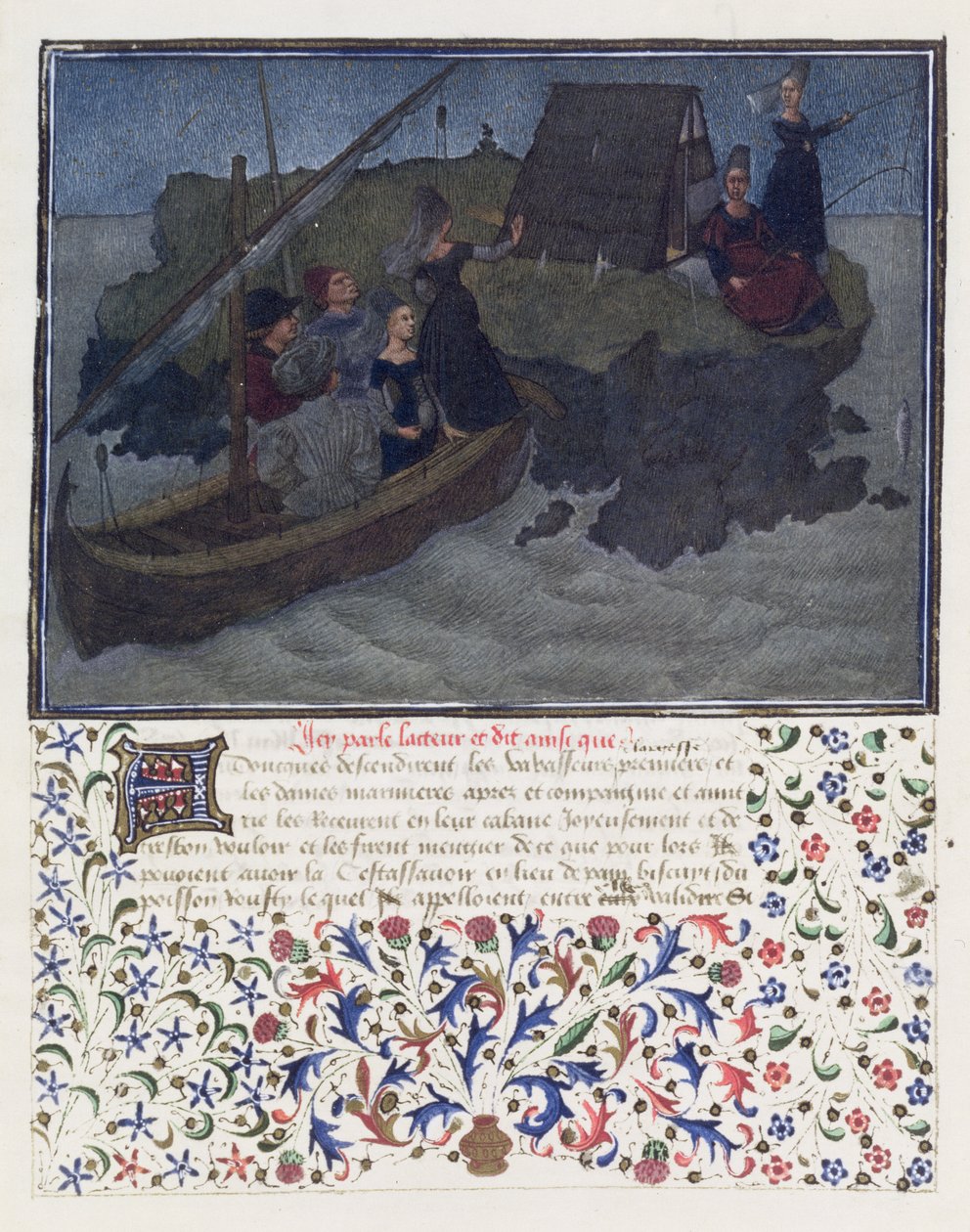 Ms. 2597 Hjerte, begær og generøsitet lander i natten med forlovede og forventning på klippen af selskabet og venskab, faksimile-udgave af Livre du Coeur dAmours Espris af Rene dAnjou (farve af English School