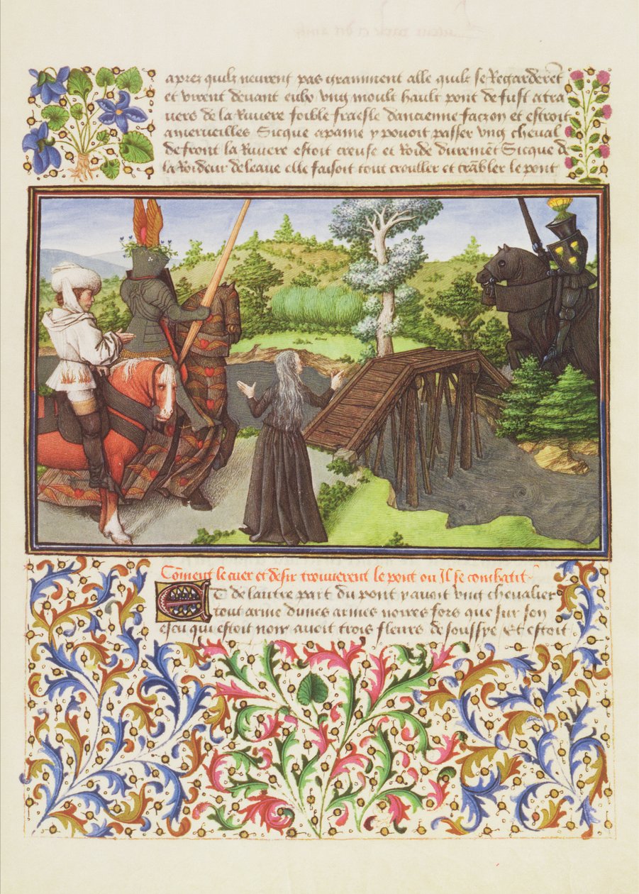 Fru 2597 Hjerte, begær og melankoli ved broen The Dangerous Walk, som bevogtes af Ridder Soulcy, faksimileudgave af Livre du Coeur dAmours Espris af Rene dAnjou af English School
