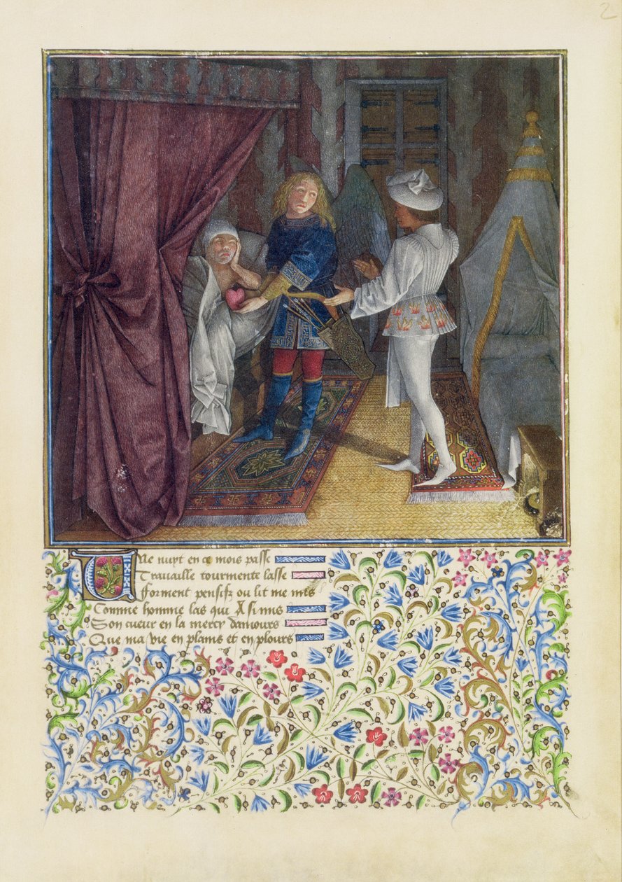 Fru 2597 Kong Rene drømmer: Kærlighedens Gud stjæler fra ham hans hjerte uden at han ved det og giver det til Desire, faksimileudgave af Livre du Coeur dAmours Espris af Rene dAnjou af English School