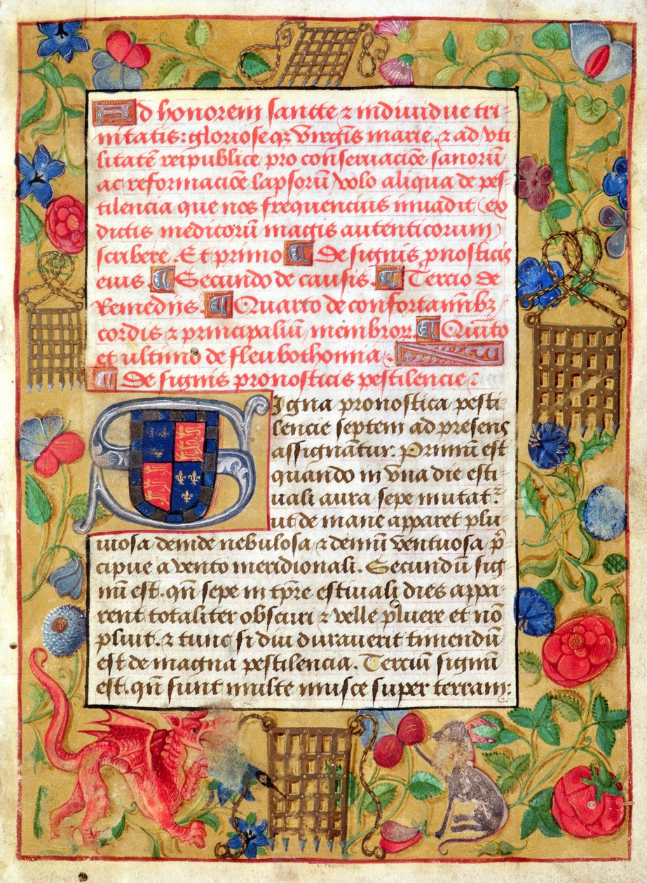 Ms 261 fol.1r Side fra en samling af pesttraktater på latin og engelsk, ca. 1500 af English School