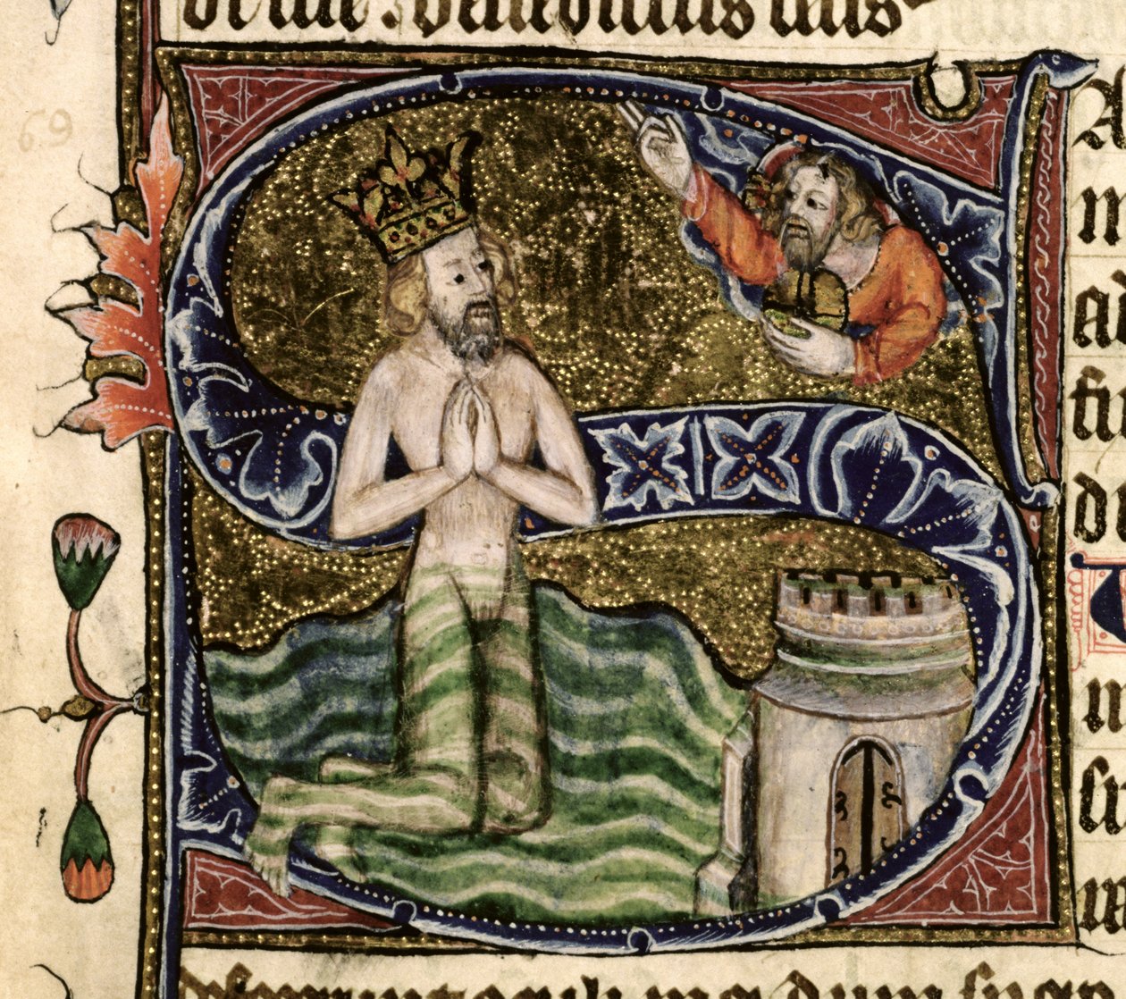 Ms 26 f.34r. Salme 68, David drukner, fra Ramsey Abbey Psalter, ca. 1380 af English School