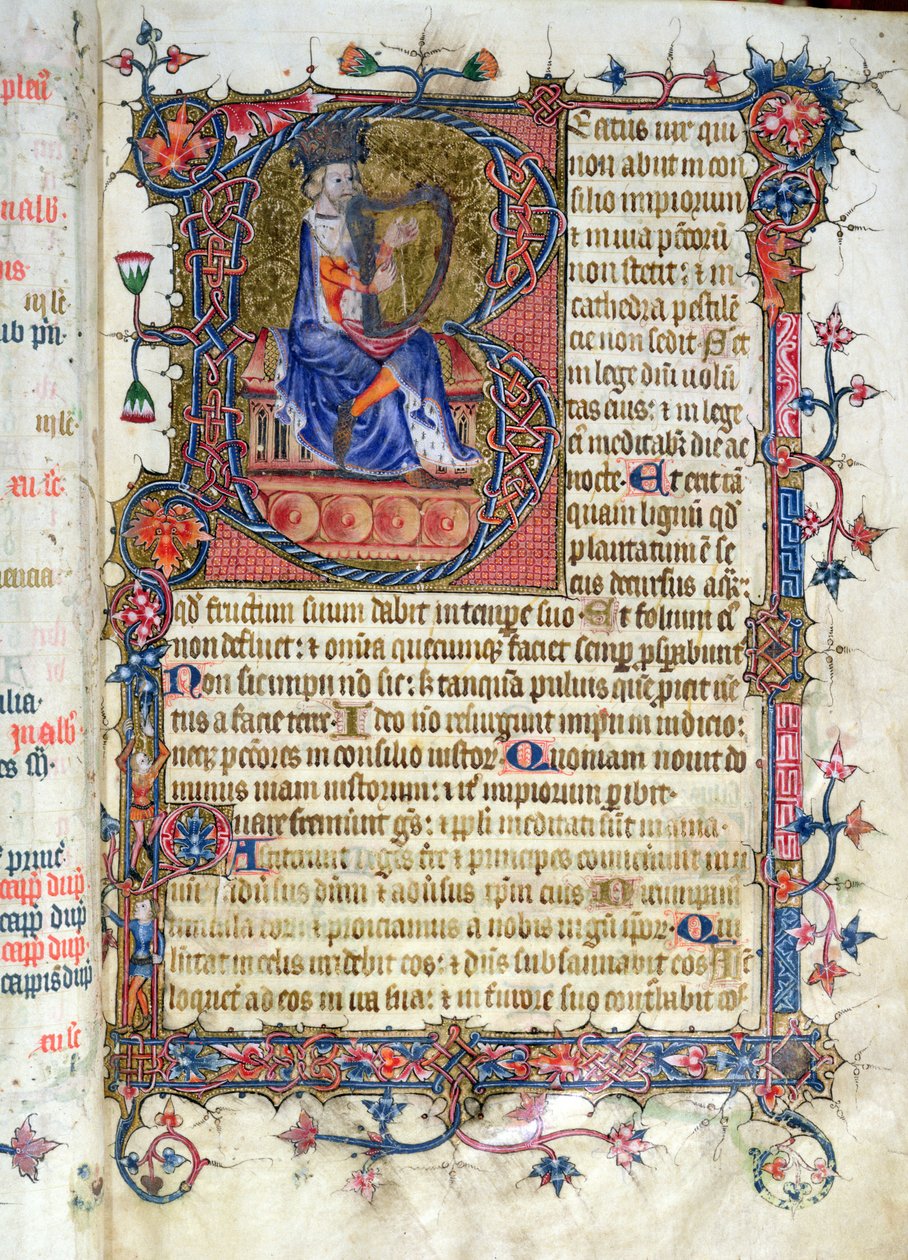 Fru 26 fol.7r. Salme 1, David harping, fra Ramsey Abbey Psalter, c.1380 af English School