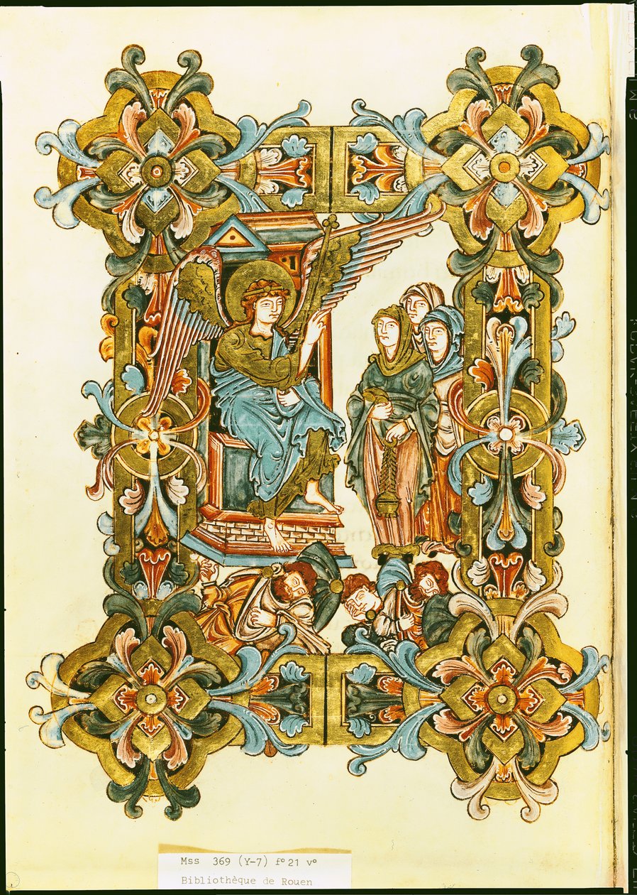 Ms 369 fol.21v The Holy Women at the Tomb, fra Winchester Pontifical, slutningen af det 10. til begyndelsen af det 11. århundrede af English School