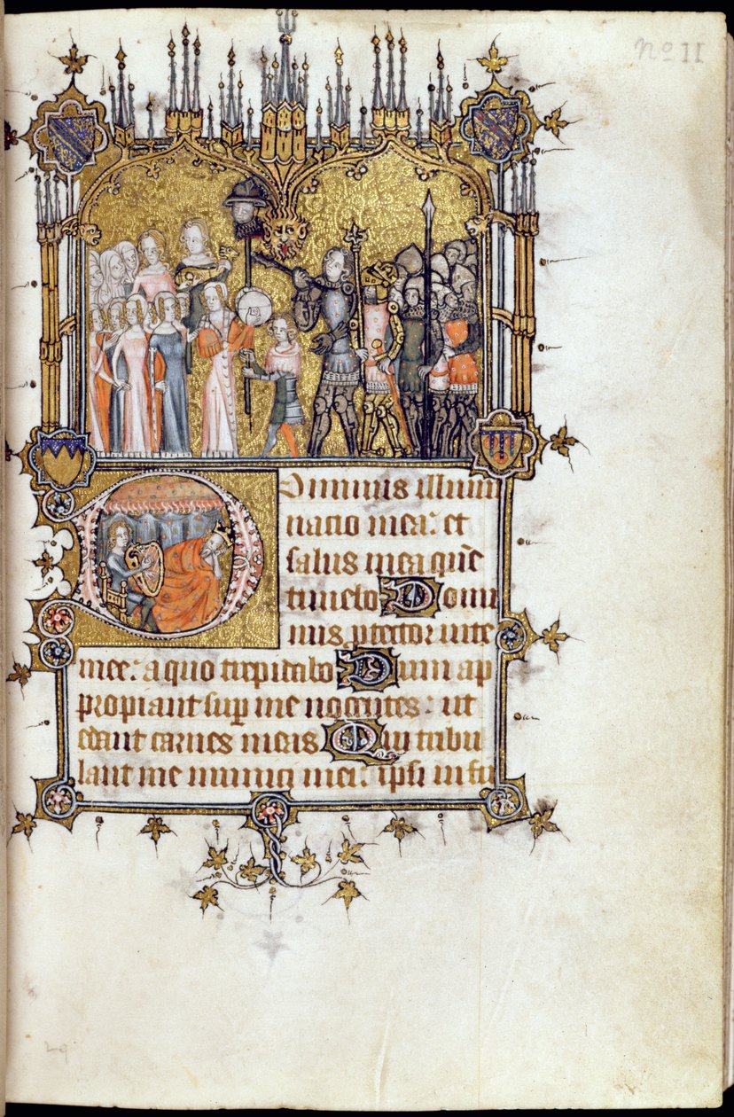 Ms 38-1950, f.29r: David i spidsen for en procession, der bærer Goliaths hoved på en lanse, fra Bohun Psalter, ca. 1370 af English School